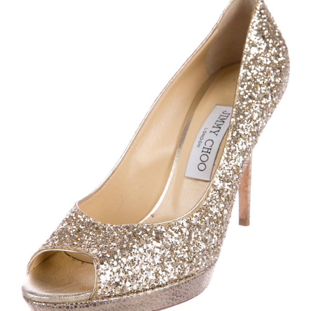 Jimmy Choo Gold Glitter Peep-toe Pumps Size 8.5 - Picture 2 of 5